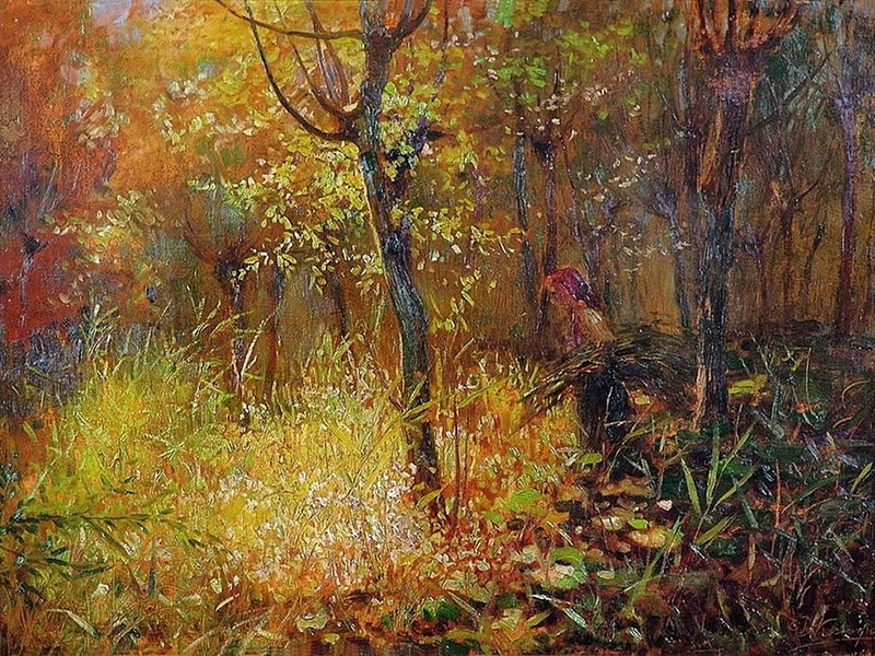 1876-								Duilio Corompai - Ragazza che raccoglie la legna nel bosco.